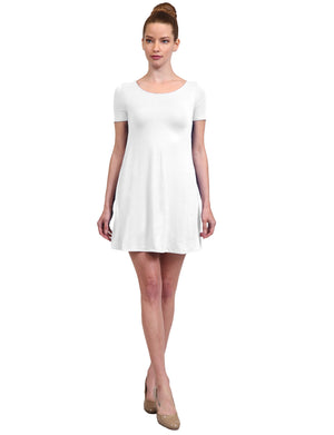 SOLID PLAIN SIMPLE U-NECK SHORT SLEEVE A-LINE FLOWY SHORT DRESS NEWDR119 