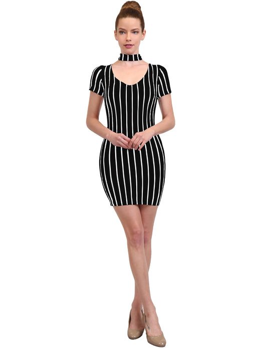 SEXY BODYCON CHOKER NECK STRIPED SHORT SLEEVE MIDI DRESS NEWDR200 