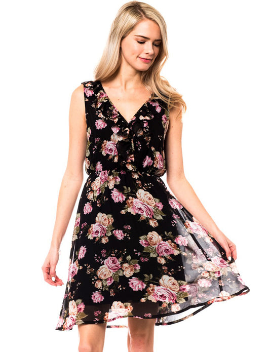 V-NECK SLEEVELESS RUFFLE POLKA DOT/FLORAL PRINTED FLARE MINI DRESS NEWDR203