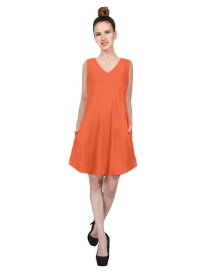 CASUAL SLEEVELESS V-NECK FLARED ROUND HEM TUNIC VISCOSE SHORT DRESS WITH SIDE POCKETS NEWDR210 PLUS