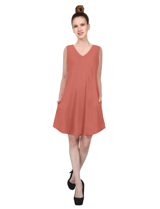 CASUAL SLEEVELESS V-NECK FLARED ROUND HEM TUNIC VISCOSE SHORT DRESS WITH SIDE POCKETS NEWDR210 PLUS