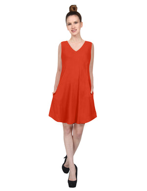 CASUAL SLEEVELESS V-NECK FLARED ROUND HEM TUNIC VISCOSE SHORT DRESS WITH SIDE POCKETS NEWDR210 PLUS