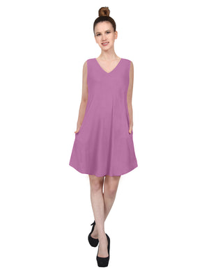 CASUAL SLEEVELESS V-NECK FLARED ROUND HEM TUNIC VISCOSE SHORT DRESS WITH SIDE POCKETS NEWDR210 PLUS