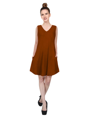 CASUAL SLEEVELESS V-NECK FLARED ROUND HEM TUNIC VISCOSE SHORT DRESS WITH SIDE POCKETS NEWDR210 PLUS