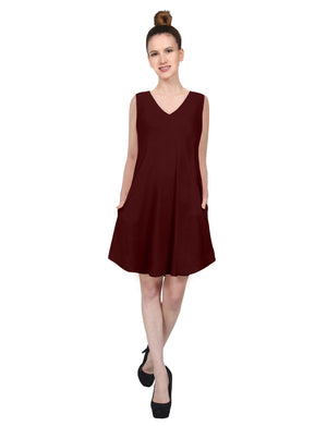 CASUAL SLEEVELESS V-NECK FLARED ROUND HEM TUNIC VISCOSE SHORT DRESS WITH SIDE POCKETS NEWDR210 PLUS