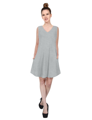 CASUAL SLEEVELESS V-NECK FLARED ROUND HEM TUNIC VISCOSE SHORT DRESS WITH SIDE POCKETS NEWDR210 PLUS