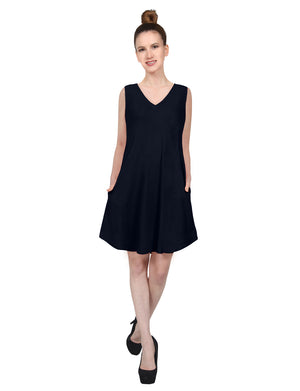 CASUAL SLEEVELESS V-NECK FLARED ROUND HEM TUNIC VISCOSE SHORT DRESS WITH SIDE POCKETS NEWDR210 PLUS