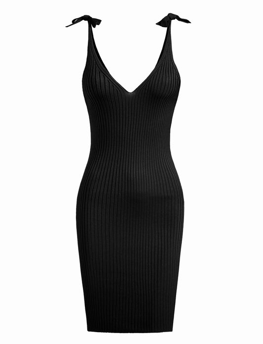 FITTED SLEEVELESS V-NECK TIED SHOULDER SWEATER DRESS NEWDR3098