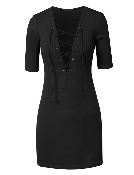 SEXY PLUNGE NECK LATTICE LACE UP RIBBED ELBOW SLEEVE DRESS NEWDR75