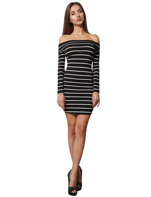 BODYCON OFF SHOULDER LONG SLEEVED STRIPE DRESS NEWDR81 