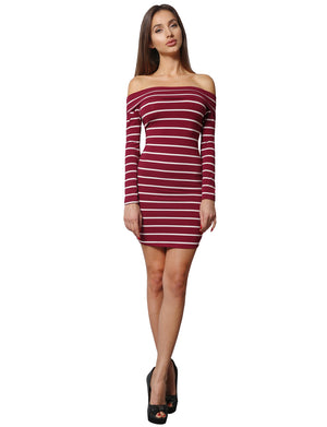 BODYCON OFF SHOULDER LONG SLEEVED STRIPE DRESS NEWDR81 