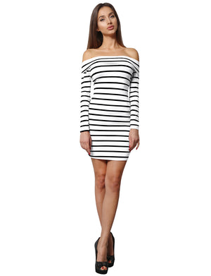 BODYCON OFF SHOULDER LONG SLEEVED STRIPE DRESS NEWDR81 