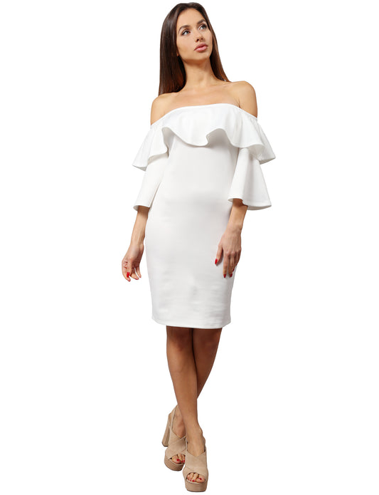 ELEGANT OFF SHOULDER RUFFLE SLEEVE MIDI COCKTAIL DRESS NEWDR85