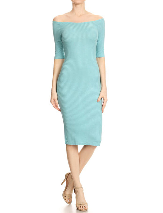 BODYCON OFF SHOULDER KNEE LENGTH MIDI RIBBED DRESS NEWDR89