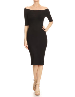 BODYCON OFF SHOULDER KNEE LENGTH MIDI RIBBED DRESS NEWDR89 