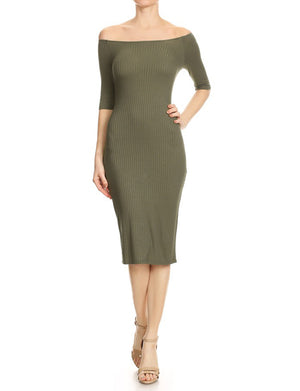 BODYCON OFF SHOULDER KNEE LENGTH MIDI RIBBED DRESS NEWDR89 PLUS