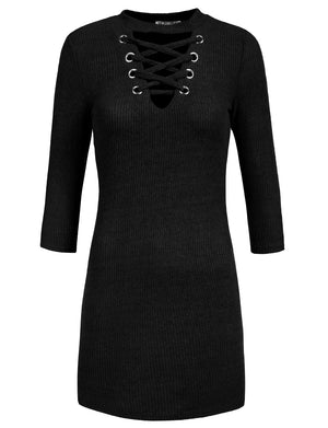 FITTED LACE UP FRONT V-NECK LONG SLEEVE KNIT SWEATER DRESS TOP NEWDR99 