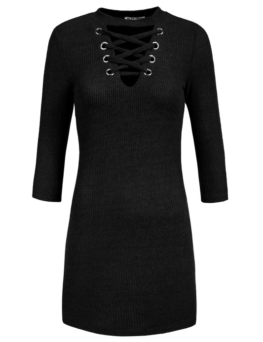 FITTED LACE UP FRONT V-NECK LONG SLEEVE KNIT SWEATER DRESS TOP NEWDR99