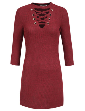 FITTED LACE UP FRONT V-NECK LONG SLEEVE KNIT SWEATER DRESS TOP NEWDR99 