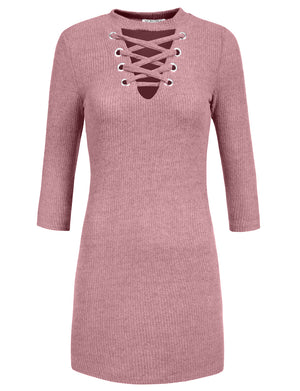 FITTED LACE UP FRONT V-NECK LONG SLEEVE KNIT SWEATER DRESS TOP NEWDR99 