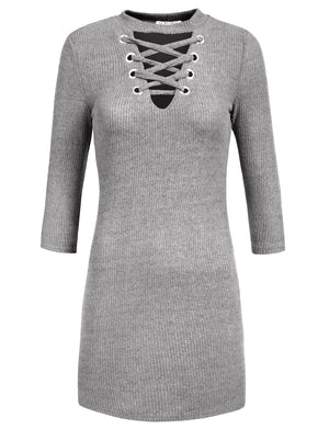 FITTED LACE UP FRONT V-NECK LONG SLEEVE KNIT SWEATER DRESS TOP NEWDR99 