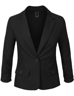 3/4 SCRUNCHED SLEEVE ONE BUTTON BLAZER OFFICE JACKET NEWJ114 