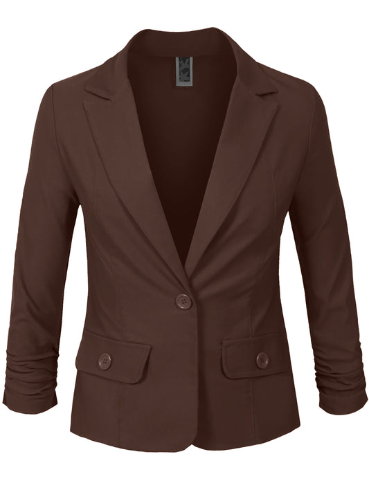 3/4 SCRUNCHED SLEEVE ONE BUTTON BASIC BLAZER OFFICE JACKET NEWJ114 PLUS