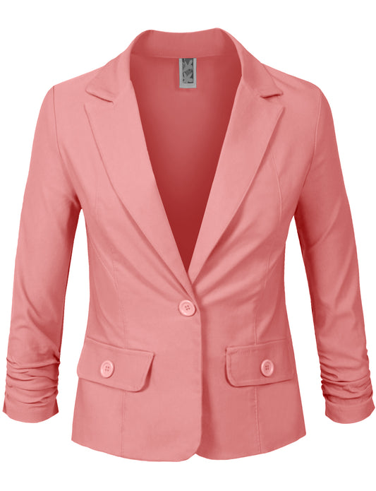 3/4 SCRUNCHED SLEEVE ONE BUTTON BLAZER OFFICE JACKET NEWJ114
