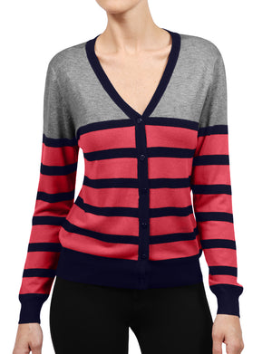 WOMEN BASIC STRIPE V-NECK BASIC LONG SLEEVE SOFT FABRIC CARDIGAN NEWJ122 