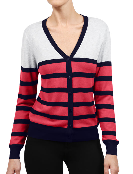 WOMEN BASIC STRIPE V-NECK BASIC LONG SLEEVE SOFT FABRIC CARDIGAN NEWJ122