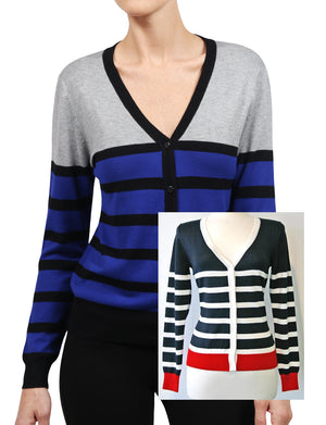 WOMEN BASIC STRIPE V-NECK BASIC LONG SLEEVE SOFT FABRIC CARDIGAN NEWJ122 