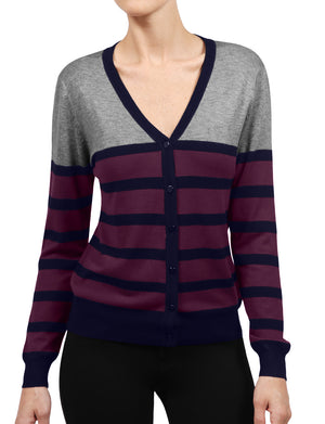 WOMEN BASIC STRIPE V-NECK BASIC LONG SLEEVE SOFT FABRIC CARDIGAN NEWJ122 