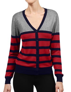 WOMEN BASIC STRIPE V-NECK BASIC LONG SLEEVE SOFT FABRIC CARDIGAN NEWJ122 
