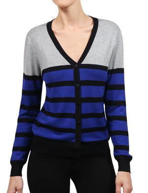 WOMEN BASIC STRIPE V-NECK BASIC LONG SLEEVE SOFT FABRIC CARDIGAN NEWJ122 