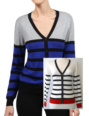 WOMEN BASIC STRIPE V-NECK BASIC LONG SLEEVE SOFT FABRIC CARDIGAN NEWJ122 
