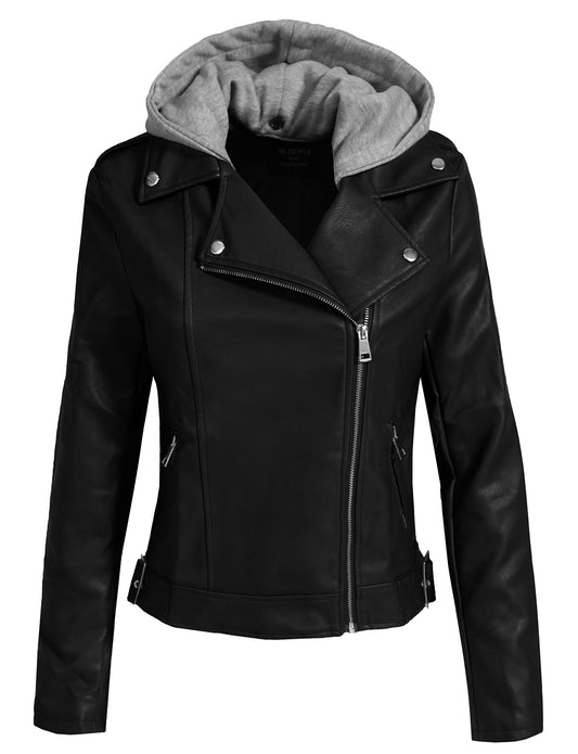 FITTED MIXED MEDIA FAUX LEATHER ZIP-UP MOTO JACKET HOODIE NEWJ137