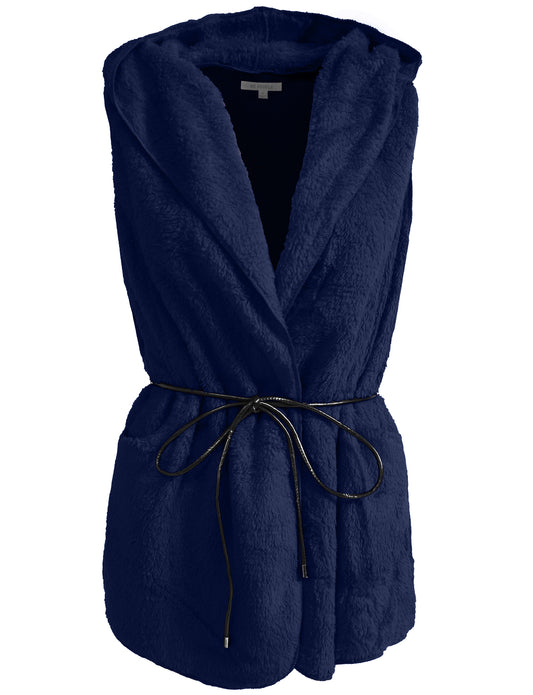 LIGHT WEIGHT FAUX FUR HOODED VEST WITH BELT NEWJ139