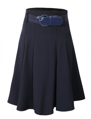 OFFICE HIGH WAISTED FLARE PLEATED KNEE A-LINE SKIRT WITH BELT NEWSK01 