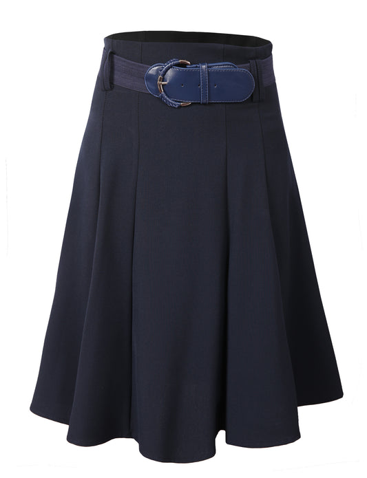 OFFICE HIGH WAISTED FLARE PLEATED KNEE A-LINE SKIRT WITH BELT NEWSK01