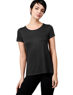 Womens Plain Lightweight Round Neck Scoop Neck T Shirt with Front Chest Pocket