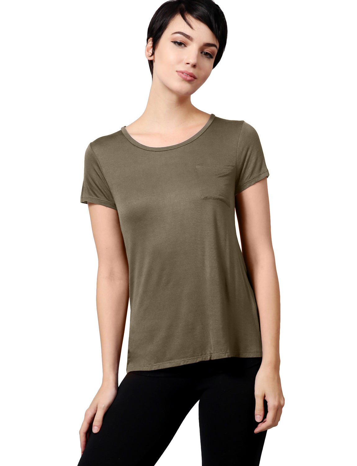 Womens Plain Lightweight Round Neck Scoop Neck T Shirt with Front Chest Pocket