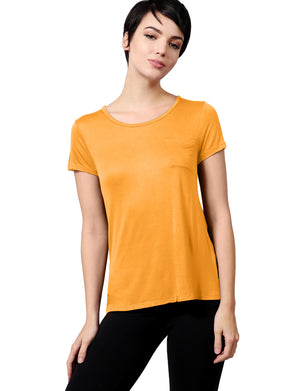 Womens Plain Lightweight Round Neck Scoop Neck T Shirt with Front Chest Pocket