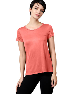 Womens Plain Lightweight Round Neck Scoop Neck T Shirt with Front Chest Pocket