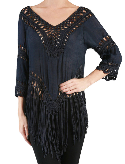 LIGHT WEIGHT BASIC V-NECK 3/4 SLEEVE FRINGE CROCHET FRAYED TUNIC TOP NEWT104