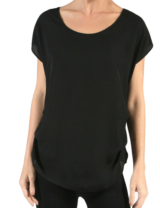 LIGHT WEIGHT CHIFFON ROUND NECK SIDE PLEATED DRAPE TOP NEWT111