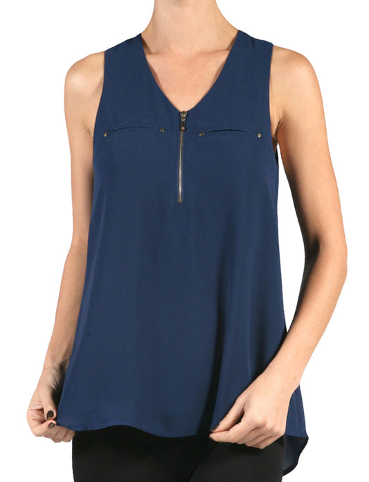 LIGHT WEIGHT SLEEVELESS WOOL DOBBY BLOUSE WITH FRONT ZIPPER NEWT137