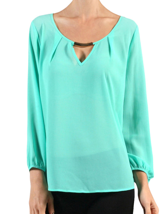 LIGHT WEIGHT 3/4 SLEEVE ROUND NECK TOP WITH METAL NECK NEWT143