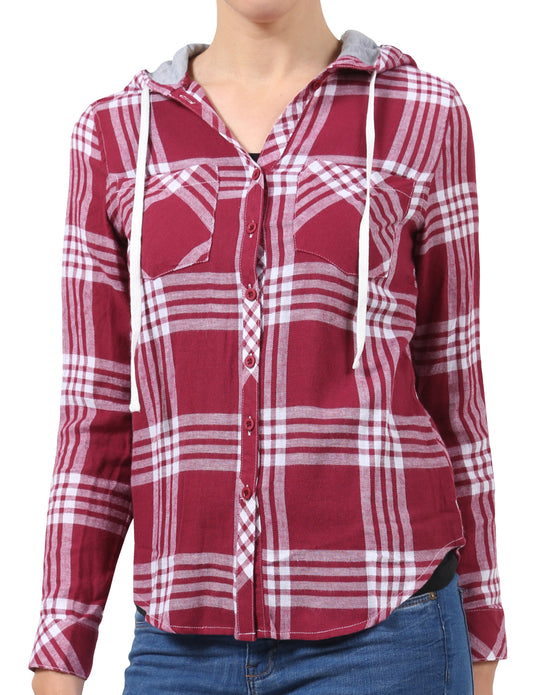 LIGHT WEIGHT LONG SLEEVE PLAID CHECK BUTTON DOWN SHIRTS WITH HOOD NEWT153
