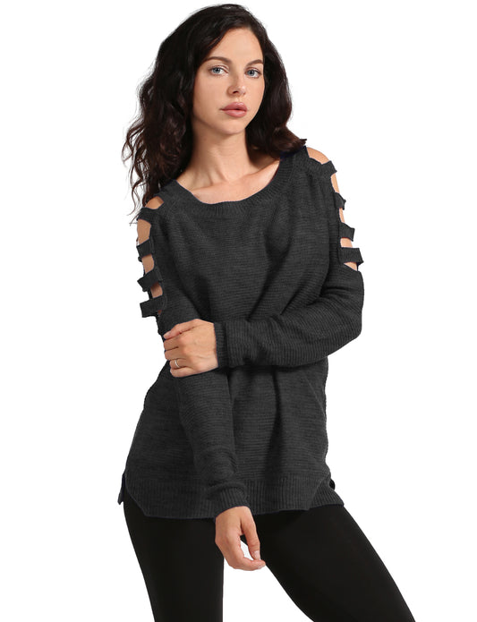 CUT OUT COLD SHOULDER LONG SLEEVE LOOSE FIT T-SHIRTSS NEWT158 