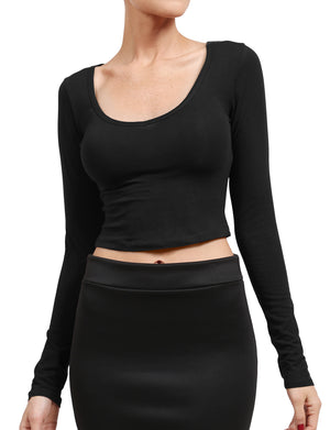 WIDE NECK LONG SLEEVE SOFT STRETCH CROP TOP NEWT172 